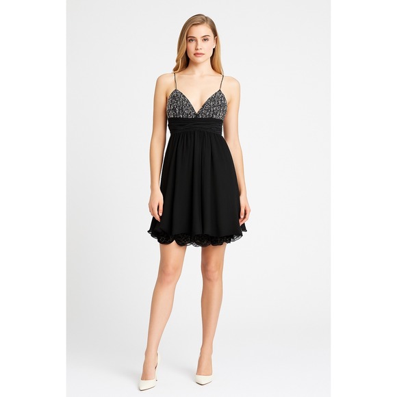 Mac Duggal Dresses & Skirts - Mac Duggal Black Beaded V Neck Chiffon‎ Rose Hem Mini Formal Dress Size 4 Party